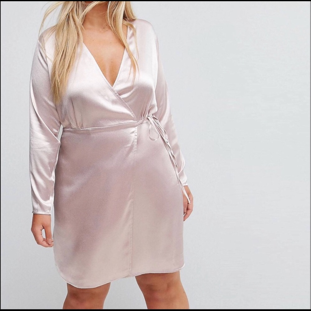 Satin like dress with wrap front.